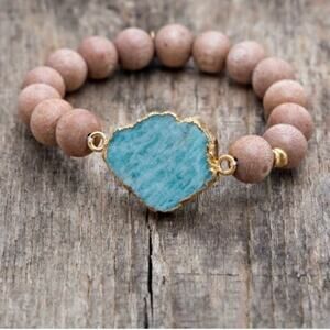 CADYN & CHARLIE | Eliza Wood Bead Bracelet NEW Aqua Druzy Agate Stone Gold Trim